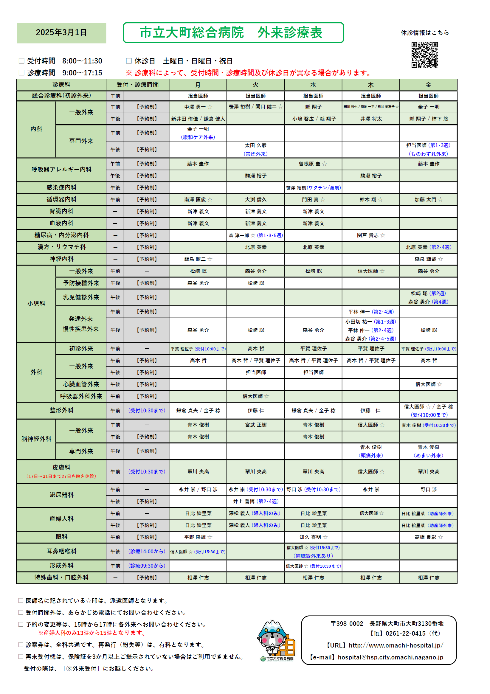 2025年3月1日　外来診察表